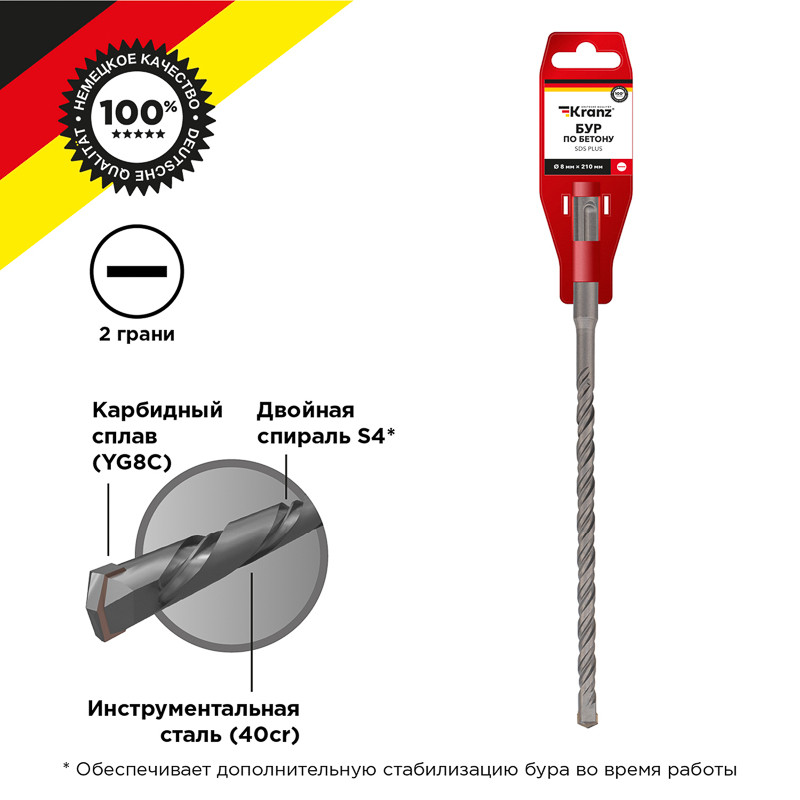 Бур по бетону 8x210x150мм SDS PLUS KRANZ Бур по бетону 8x210x150мм SDS PLUS KRANZ